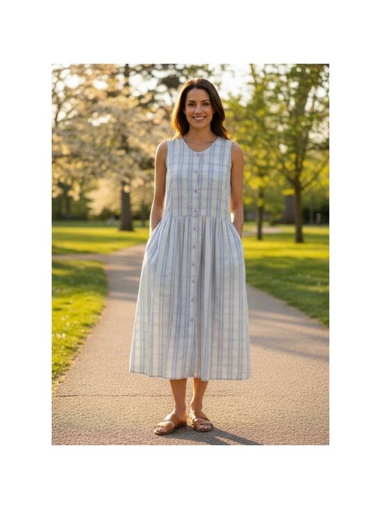 Allison Blair Dresses & Skirts - Allison Blair Blue Stripe Sleeveless Midi Dress Button Front Pockets Cottagecore